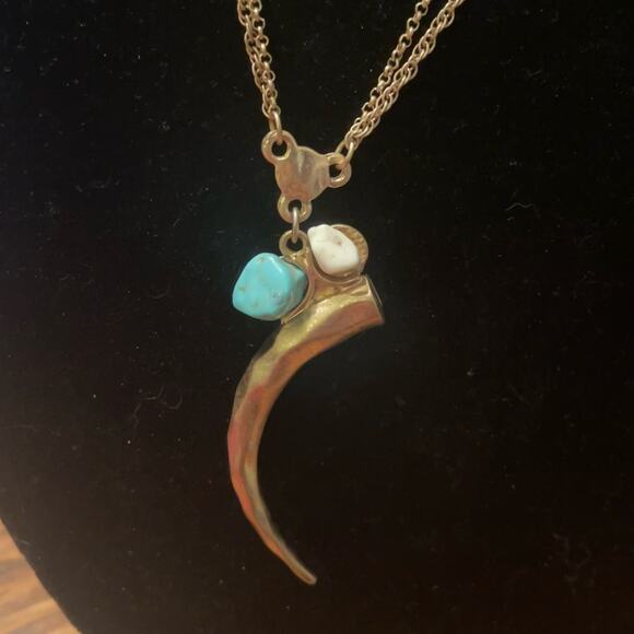 Gold Tone Pendant Necklace & Earrings Jewelry Set w/ Turquoise Stone - Picture 3 of 8